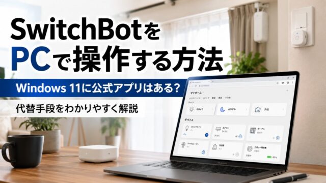 SwitchBotをPCで操作する方法を解説するアイキャッチ画像。ノートPCにスマートホーム管理画面が表示され、Windows 11に公式アプリはあるのかと代替手段を紹介している。