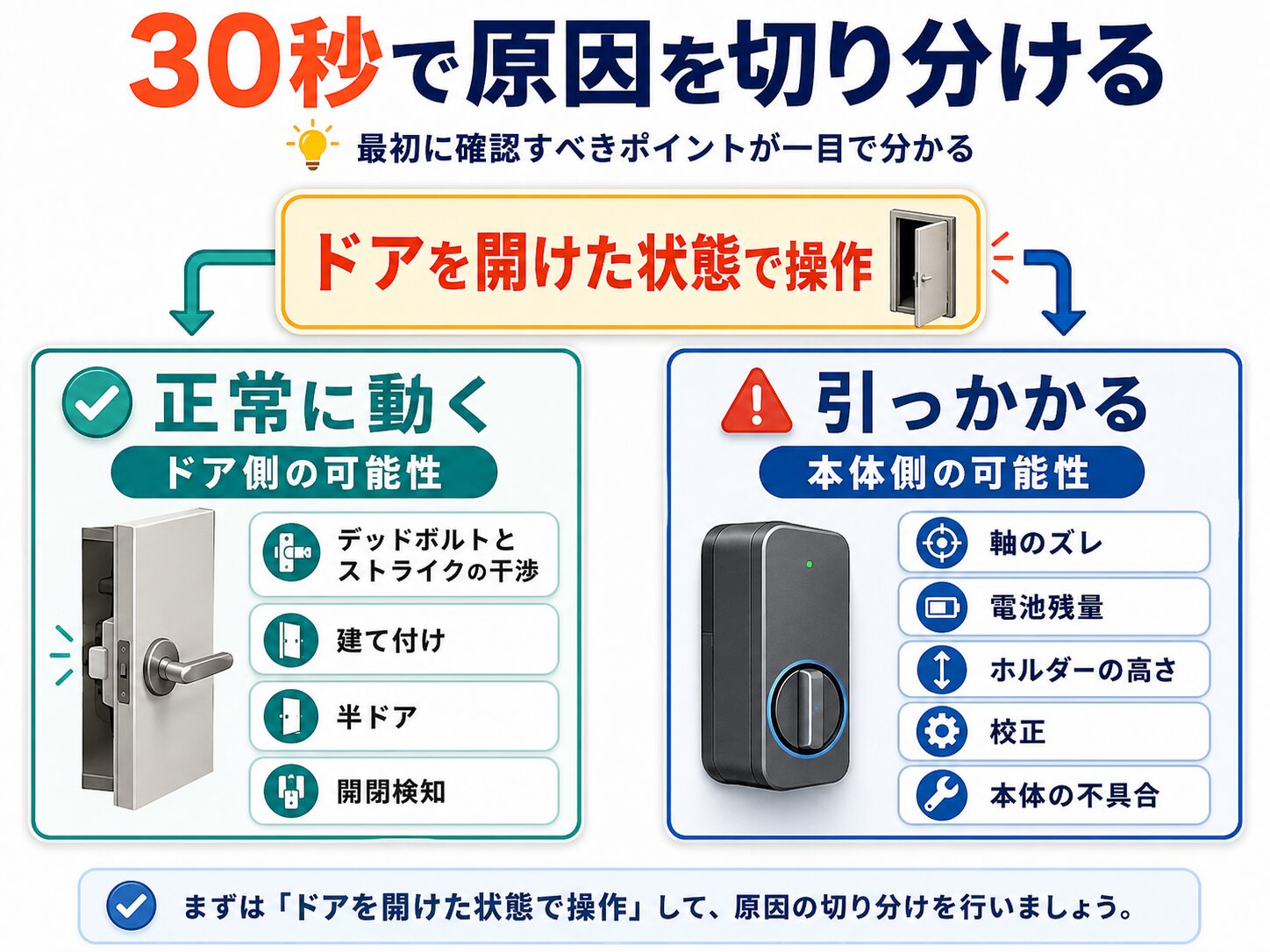 ドアを開けた状態でSwitchBotロックを操作し、ドア側とスマートロック本体側の原因を切り分ける方法