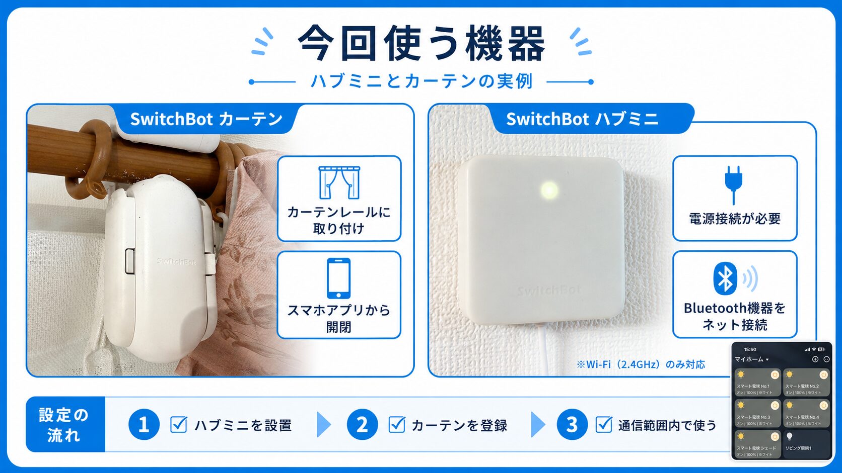 SwitchBotハブミニとカーテンの設置例と設定の流れ