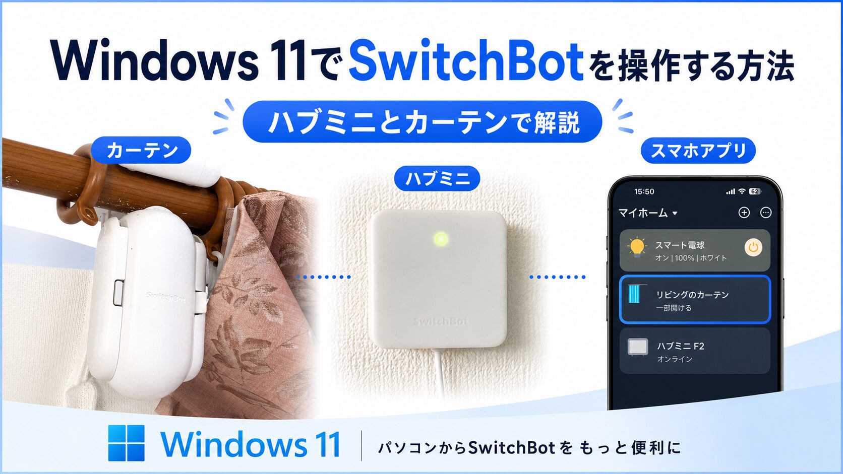 Windows 11からSwitchBotハブミニとカーテンを操作する方法のイメージ