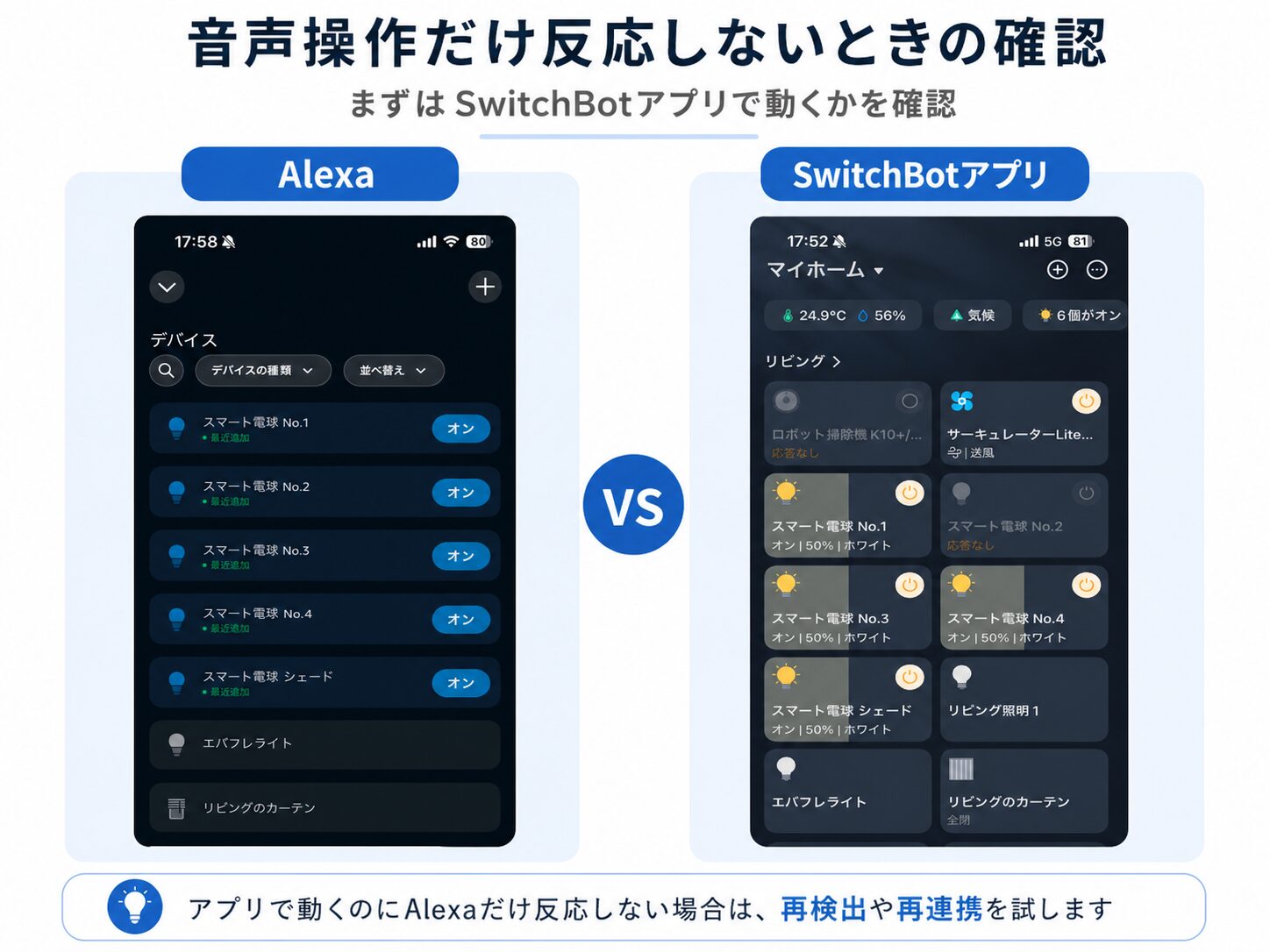 AlexaとSwitchBotアプリのデバイス画面を比較し、音声操作だけ反応しない原因を切り分ける方法
