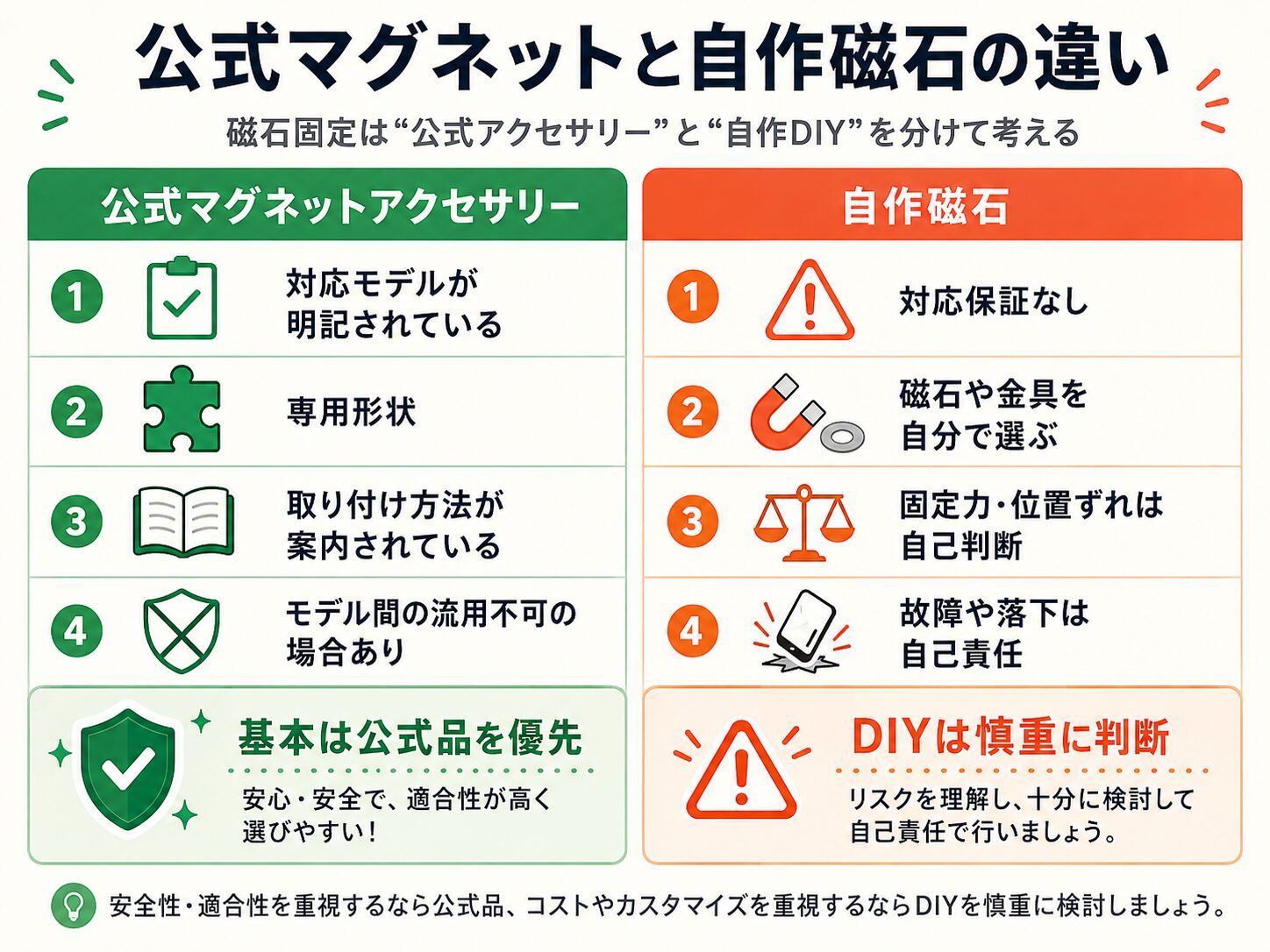 SwitchBotの公式マグネットアクセサリーと自作磁石を比較した図解。対応保証、専用形状、取り付け方法、位置ずれや落下リスクの違いを説明。