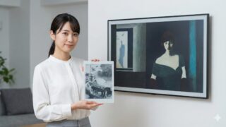 壁に掛けられた大型モデルの横で、女性が手に持っている小型の13.3インチ電子ペーパーアートキャンバス。