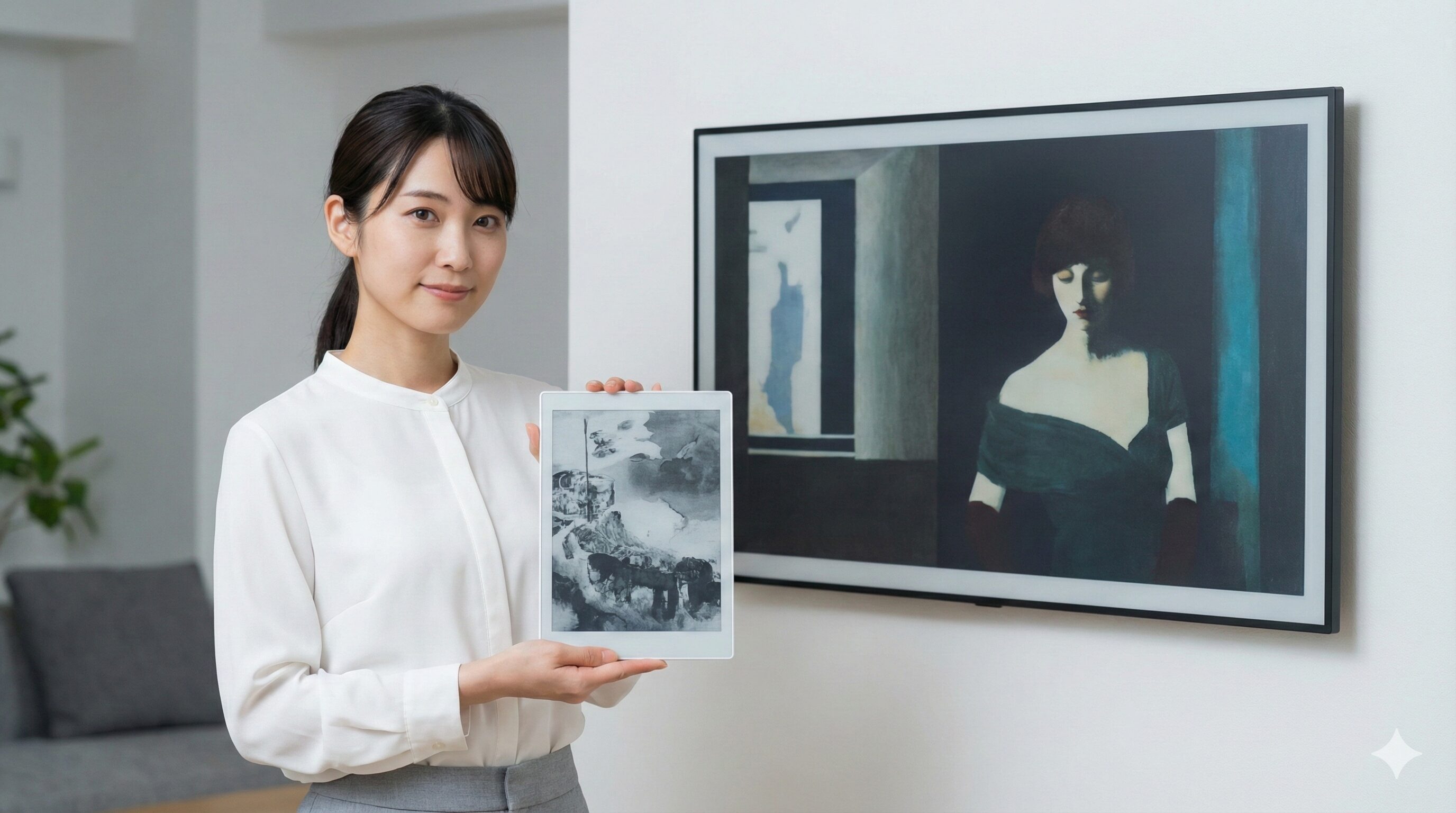 壁に掛けられた大型モデルの横で、女性が手に持っている小型の13.3インチ電子ペーパーアートキャンバス。