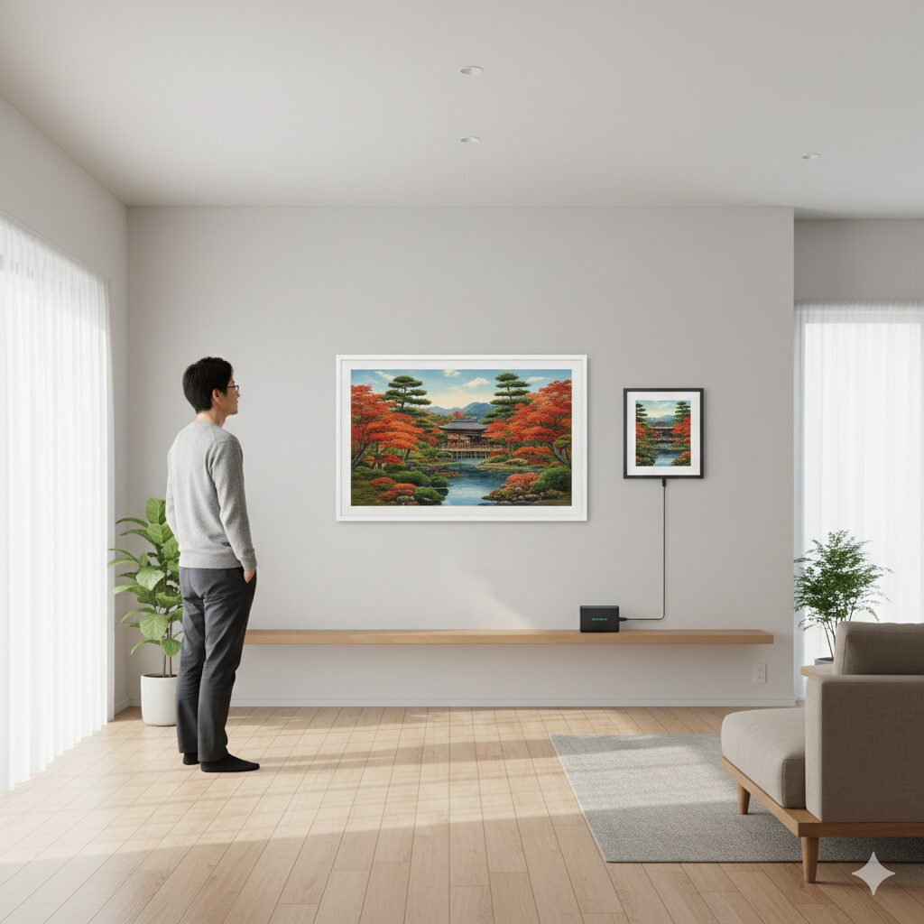 リビングの壁に飾られた大小2つのデジタルアートフレーム。大きい方はSwitchBot AI Art Frameでワイヤレスで設置され、小さい方は電源コードに繋がっている。