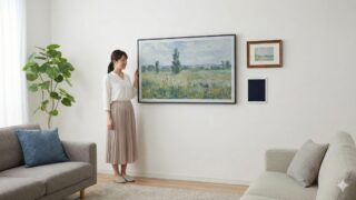 リビングの壁に設置された31.5インチの大型アートキャンバスと、その横にある一般的な額縁やタブレットとのサイズ比較。