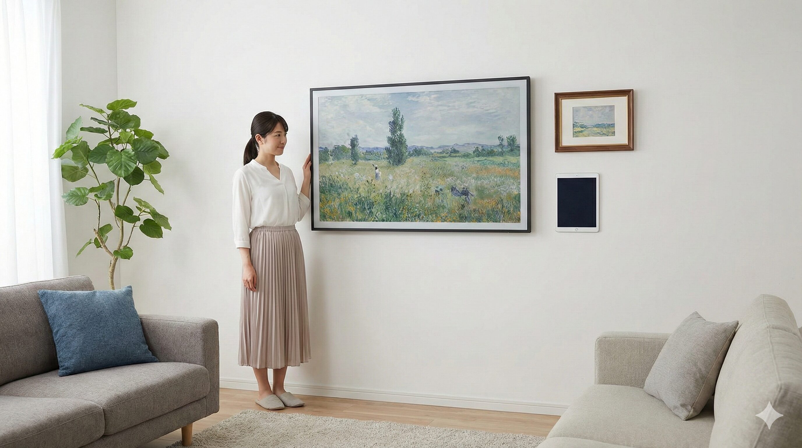 リビングの壁に設置された31.5インチの大型アートキャンバスと、その横にある一般的な額縁やタブレットとのサイズ比較。