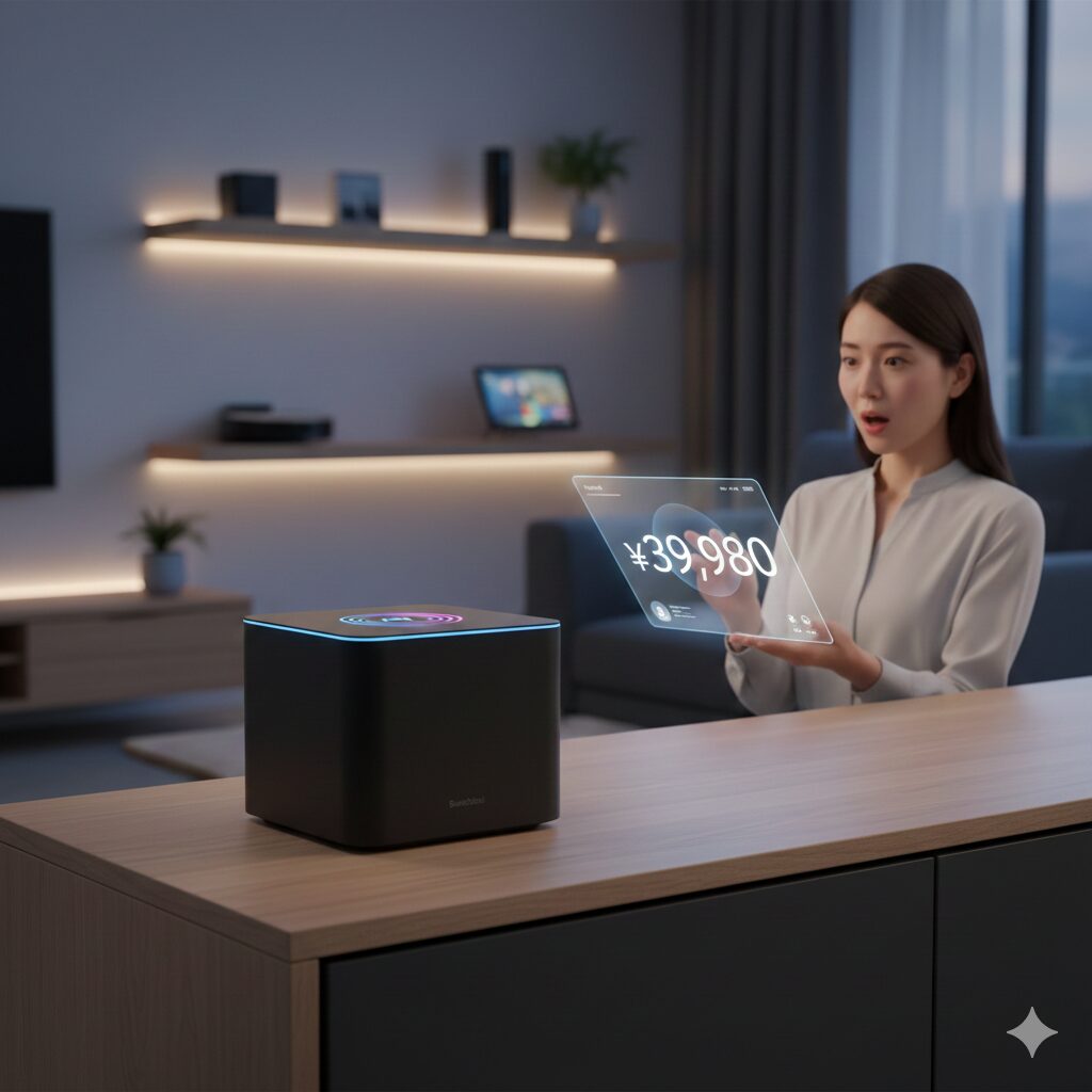 価格が39,980円と表示された半透明のホログラムスクリーンが彼女の目の前に浮かんでいる。