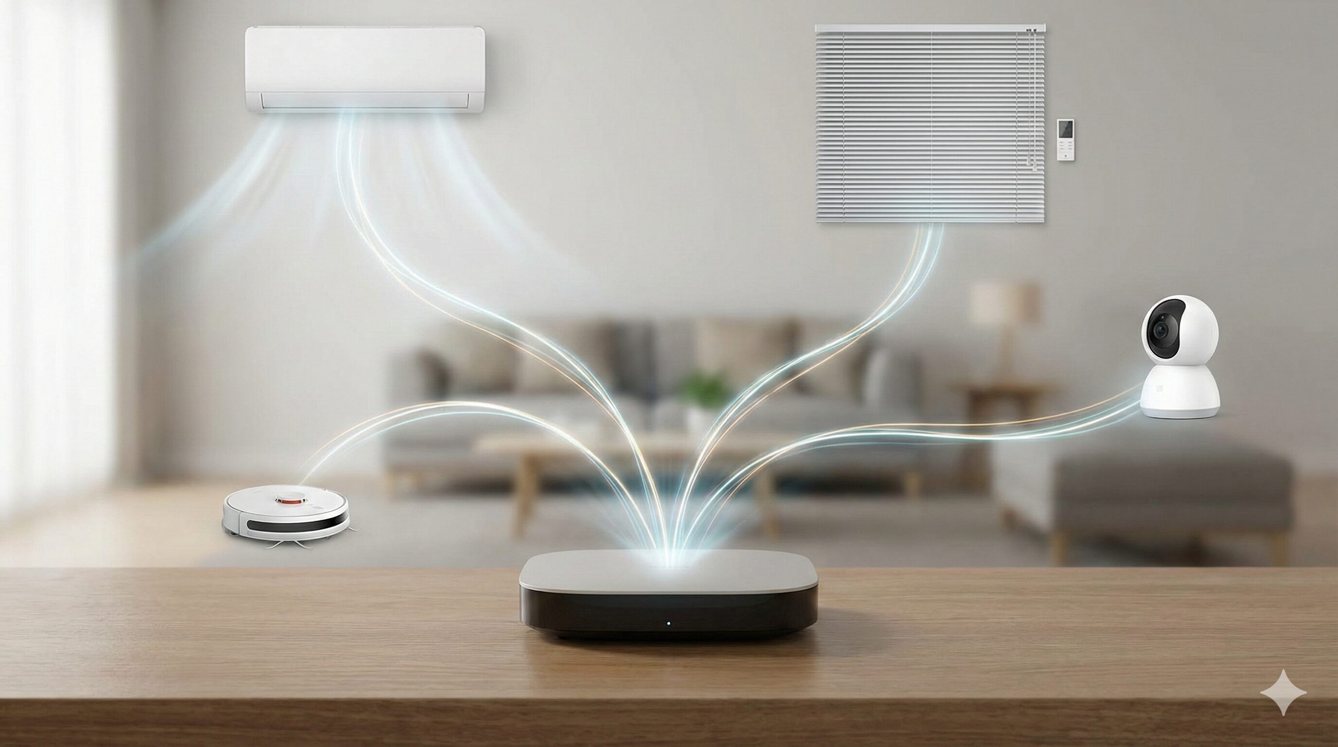 中央のAIハブからエアコン、ロボット掃除機、カメラなど複数の家電へネットワークの光が伸びて連携している様子。ハブを中心とした統合されたシステム環境の概念図。