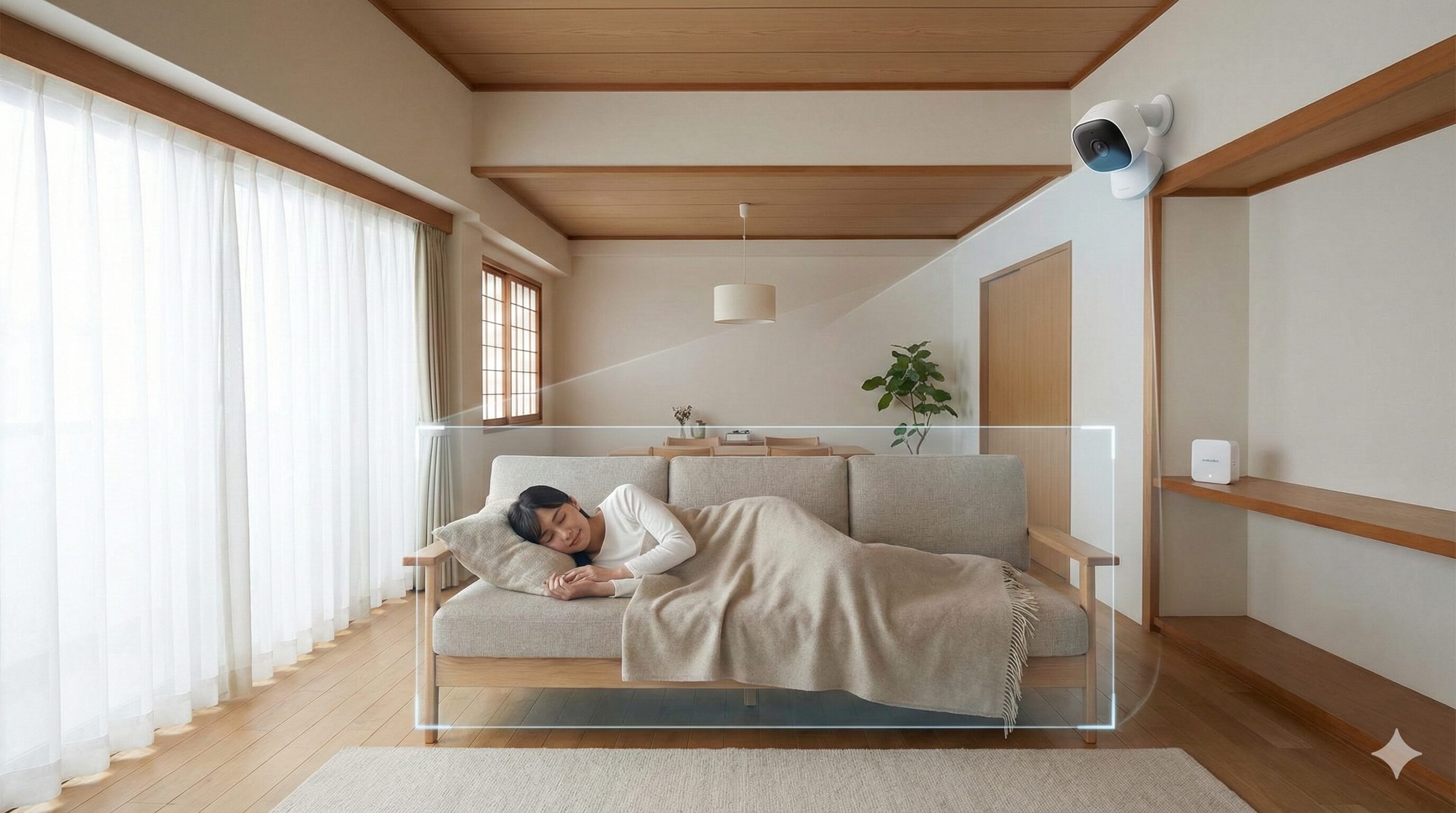 天井に設置されたスマートカメラが、ソファで眠る女性の状況を検知し、その情報をAIハブが処理している様子を示すイメージ図。