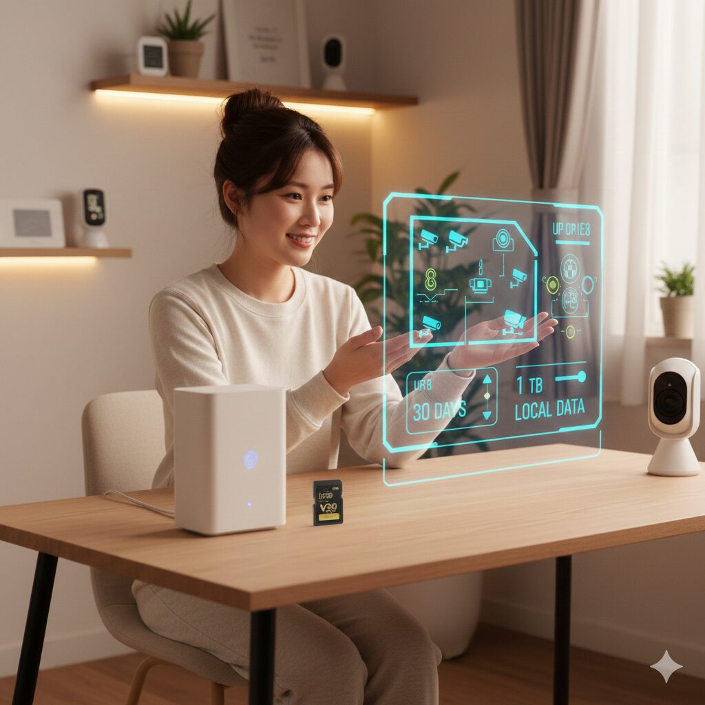 自宅のテーブルに座り、スイッチボットAIハブとmicroSDカードを前に、ホログラムで表示されたスマートホームシステムのデータフローを見ている笑顔の日本人女性。