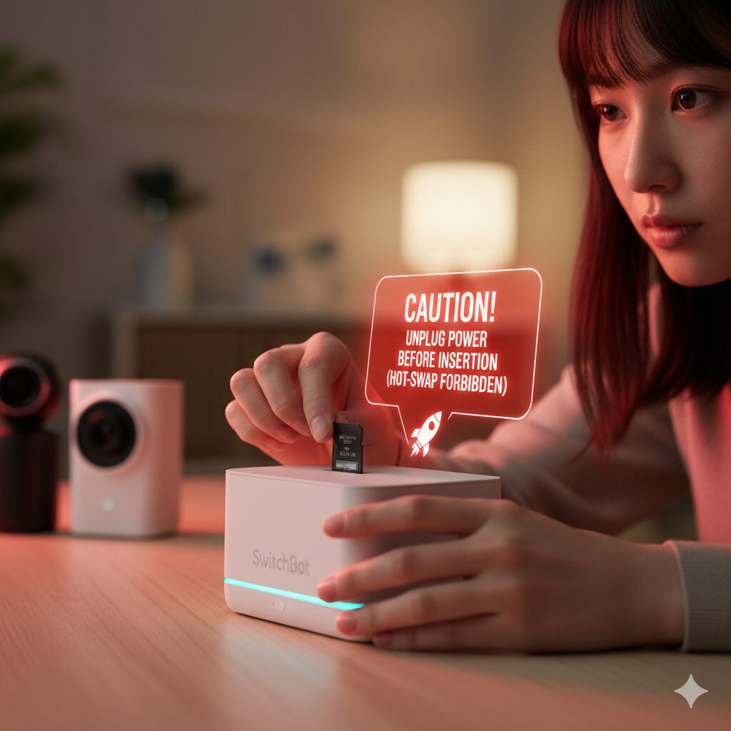 自宅のテーブルでスイッチボットAIハブにmicroSDカードを挿入しようとしている日本人女性。カード挿入時の注意喚起（ホットスワップ禁止）のホログラムが強調され
