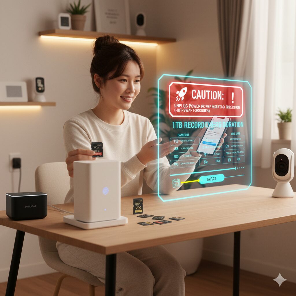 自宅のテーブルでスイッチボットAIハブのアプリ画面をスマートフォンに表示させ、microSDカードをフォーマットする際の注意点（exFAT形式）のホログラムを見ている笑顔の