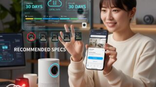 スマートフォンでスイッチボットAIハブのアプリ画面を表示し、1TBのmicroSDカードでの録画時間シミュレーションのホログラムを見ている日本人女性。