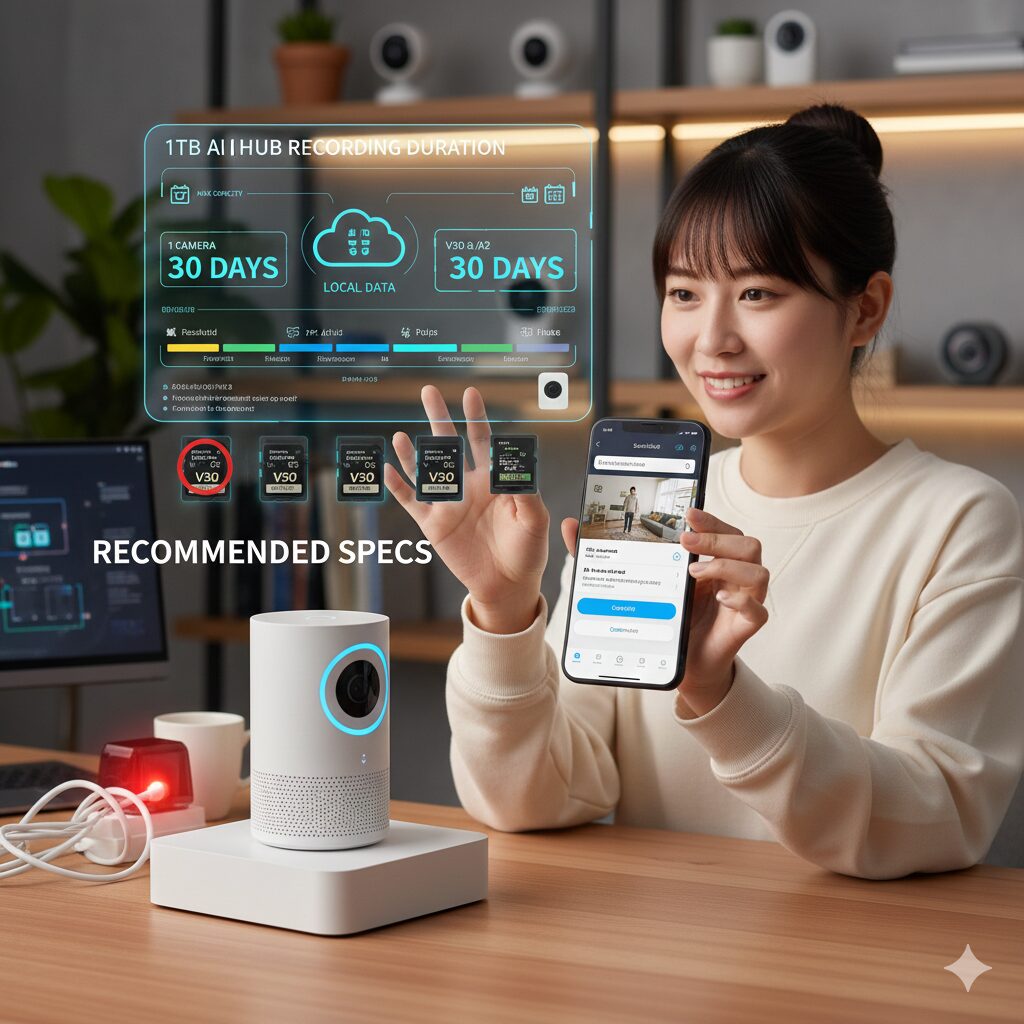 スマートフォンでスイッチボットAIハブのアプリ画面を表示し、1TBのmicroSDカードでの録画時間シミュレーションのホログラムを見ている日本人女性。