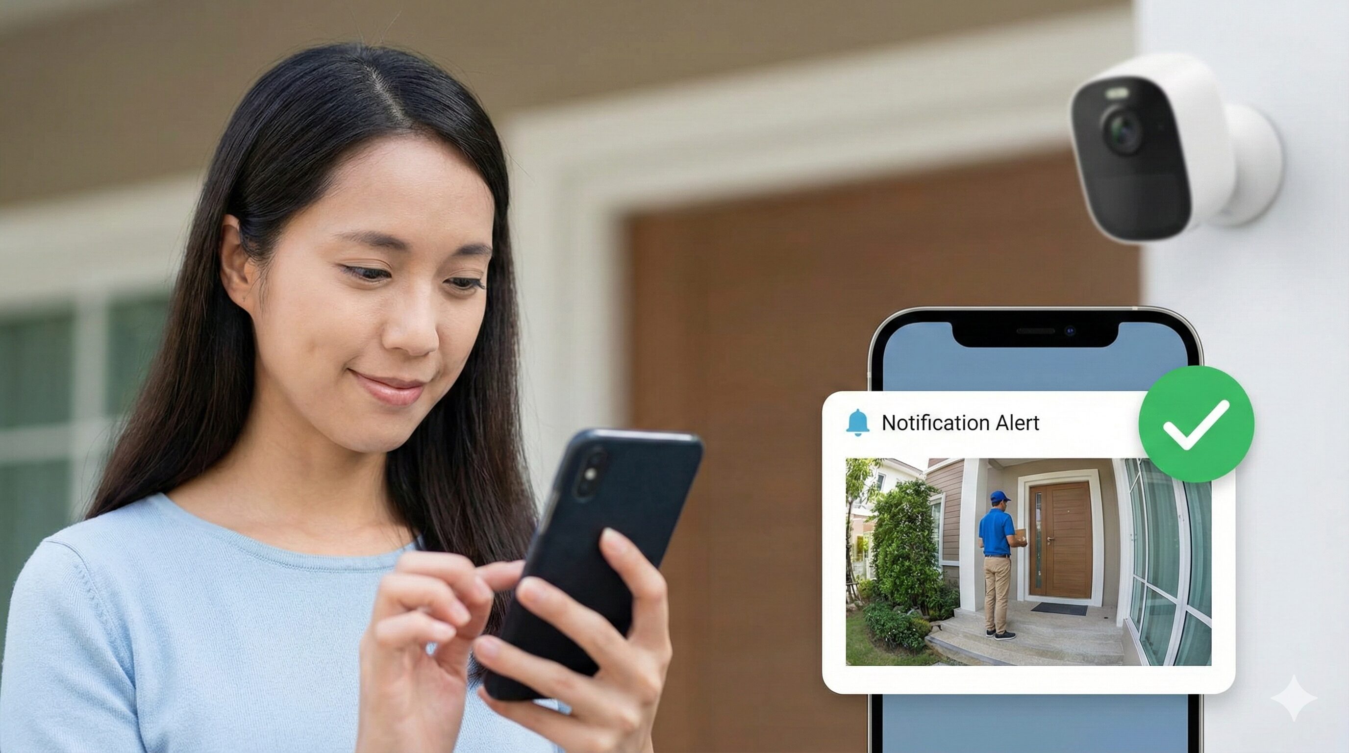 AIハブの顔認識機能により、来訪者が家族や知人であることを認識し、スマートフォンに安心できる通知が届いている防犯利用のシーン。