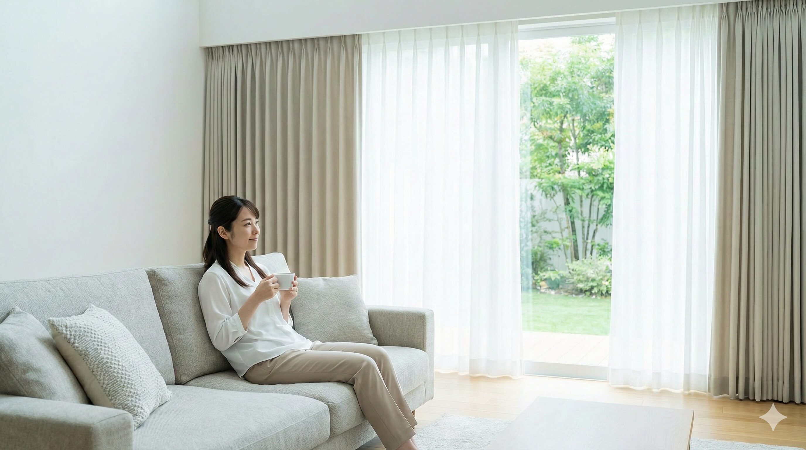 自動でカーテンが開く快適なリビングでくつろぐ日本人女性。AIハブ導入による生活の質の向上と価値を示すイメージ。