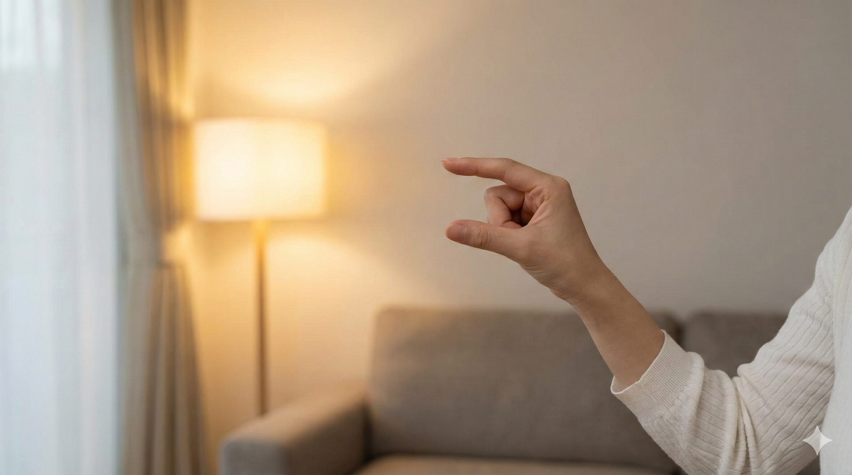 日本人女性の手によるジェスチャー操作に瞬時に反応し、リビングのフロアライトが点灯する様子。ローカルAI処理による高速レスポンスのイメージ。