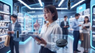 ブラックフライデーセールの情報がARで表示されており、日本人女性がタブレットを操作しながらセール情報を確認している様子。