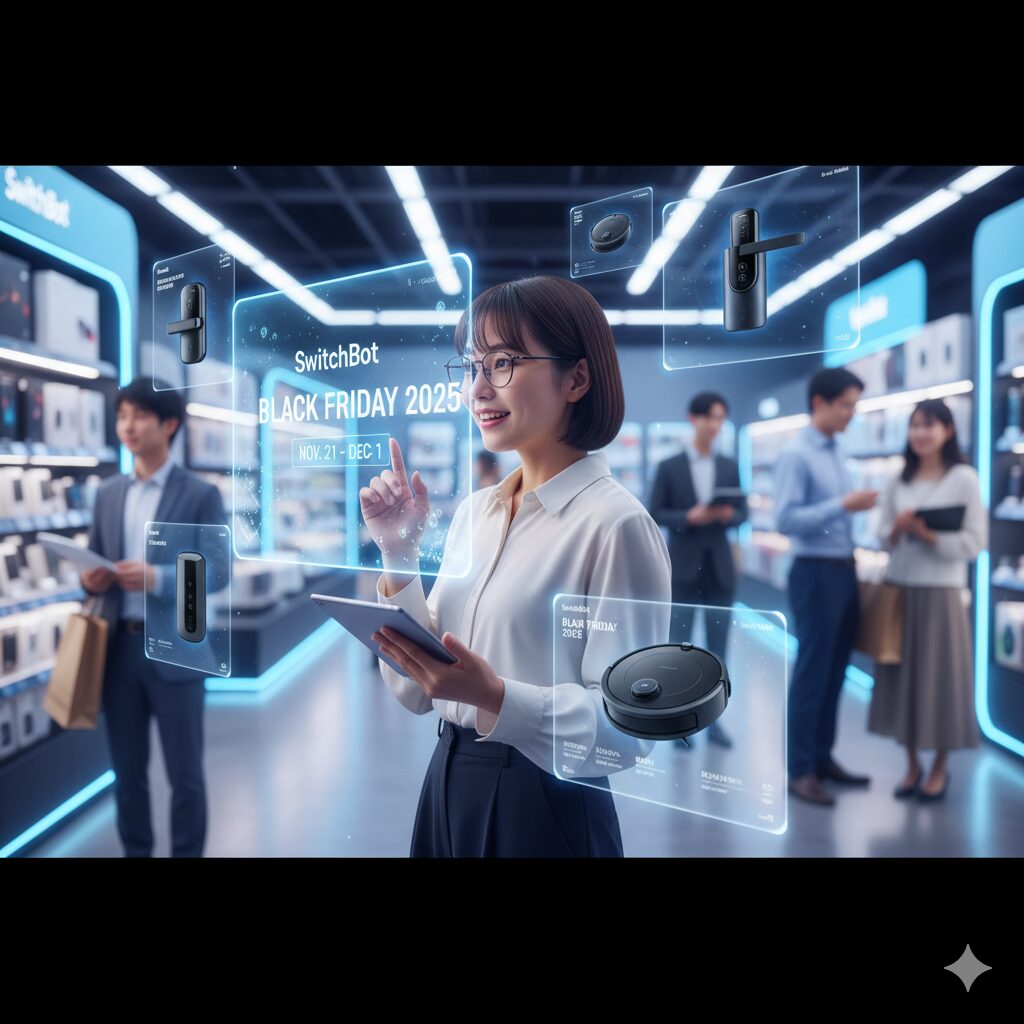 ブラックフライデーセールの情報がARで表示されており、日本人女性がタブレットを操作しながらセール情報を確認している様子。