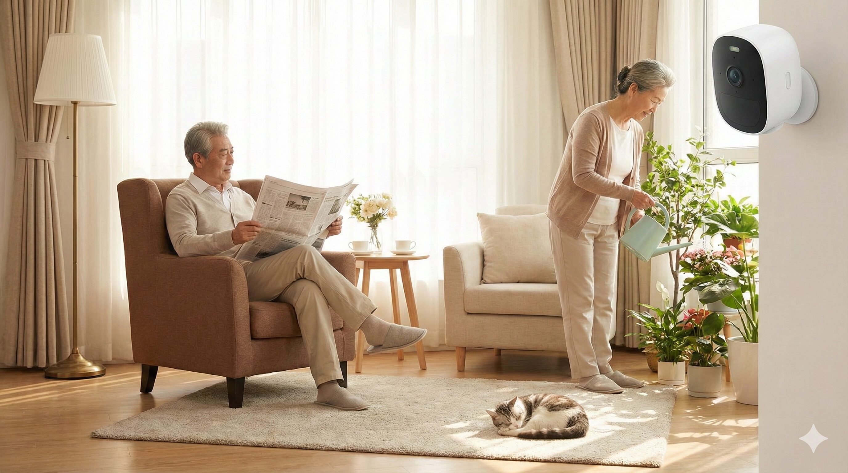 プライバシーに配慮した見守りカメラの視点から、高齢夫婦とペットが穏やかに過ごすリビングルームの様子。Care機能の利用イメージ。