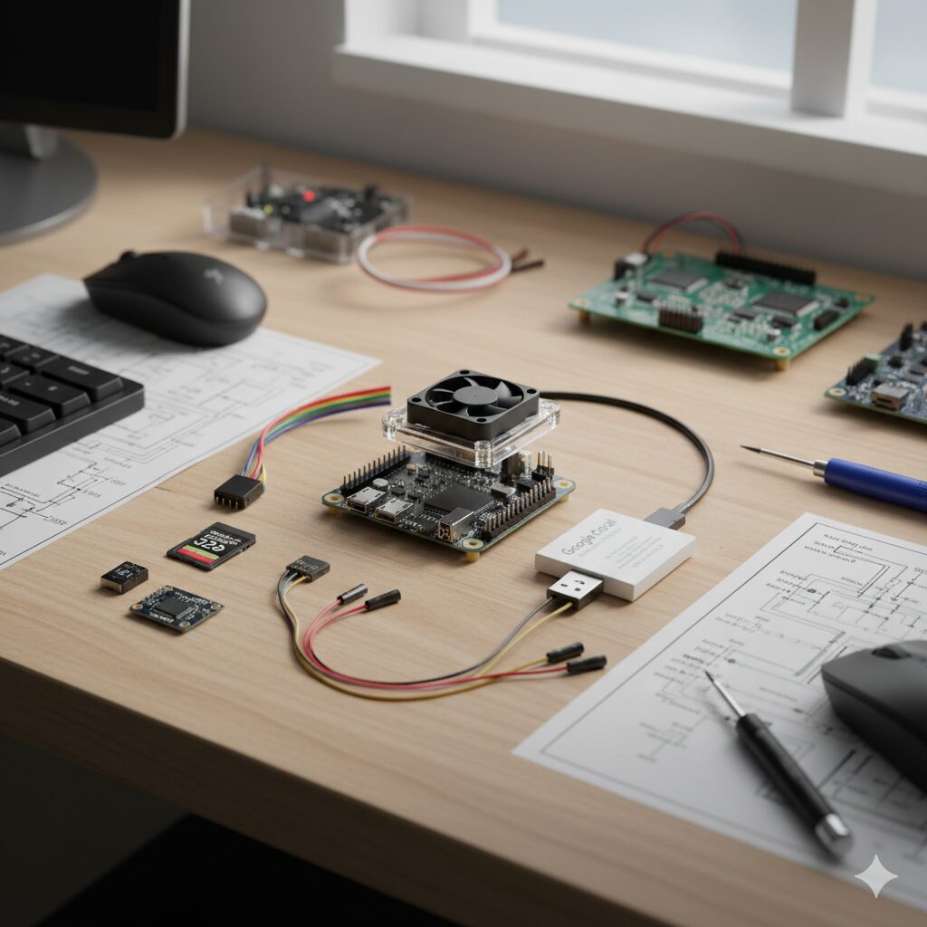 木目のワークデスクの上に広げられたDIYスマートホームハブの電子部品。