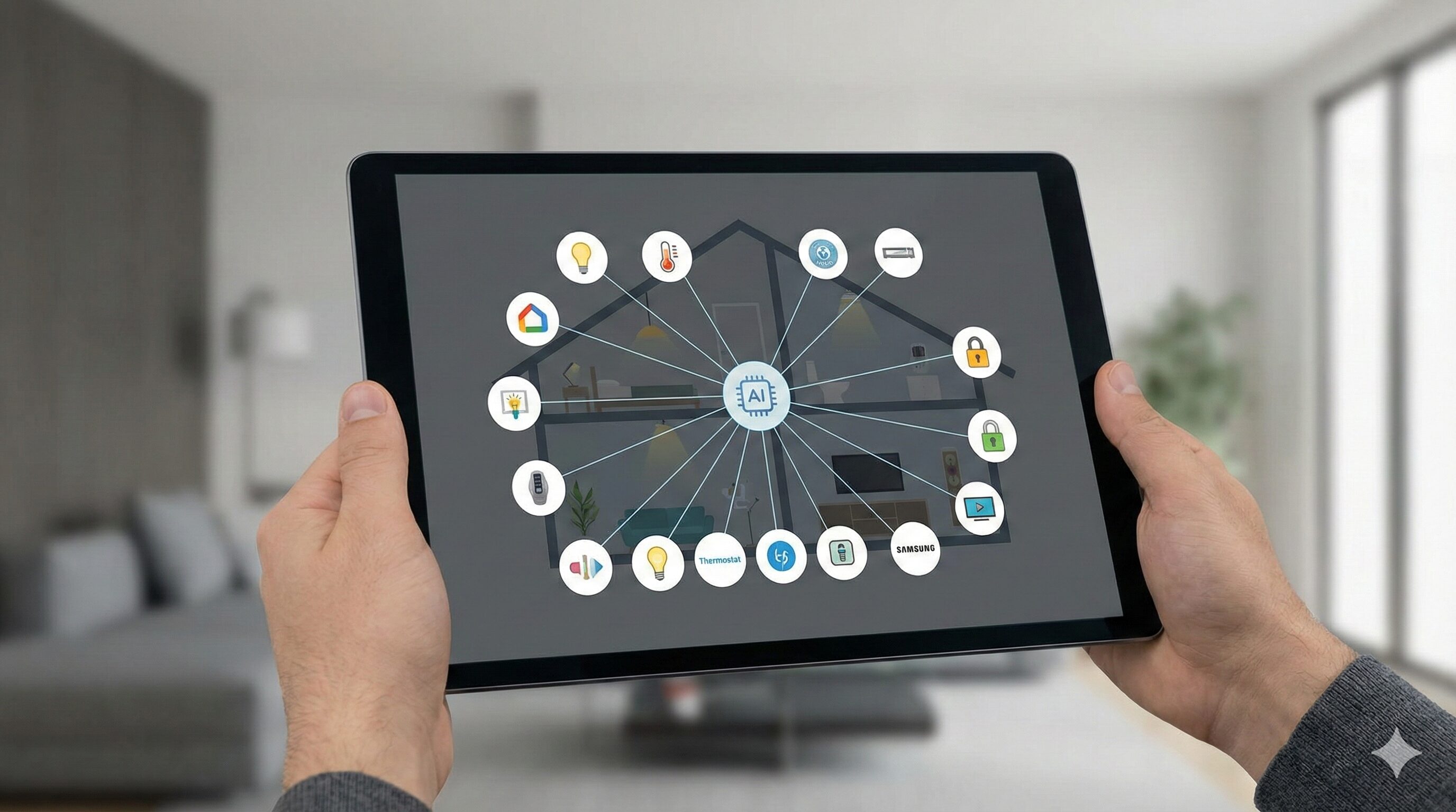 Home Assistantを内蔵したAIハブにより、メーカーの異なる様々なスマートホームデバイスが一元管理されているダッシュボード画面のイメージ。