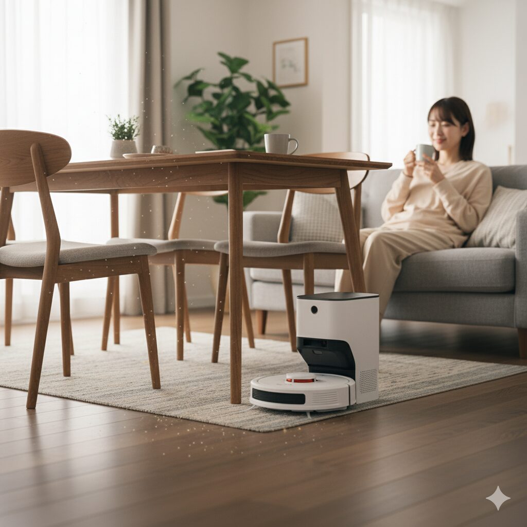 リビングダイニングで、コンパクトなロボット掃除機K10+がダイニングテーブルの脚の間を掃除している。