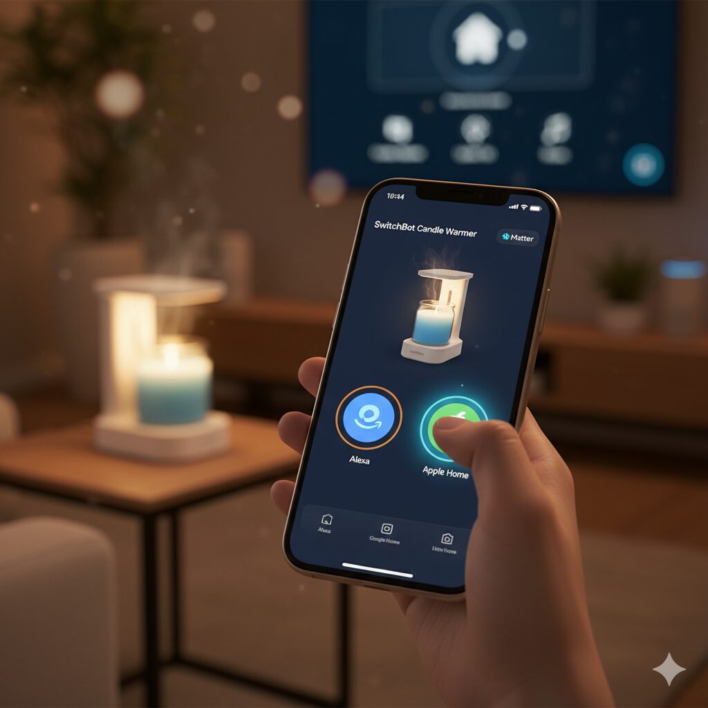 スマートフォンでスイッチボットキャンドルウォーマーを操作する日本人女性の手。Matter対応のアイコンが見える。