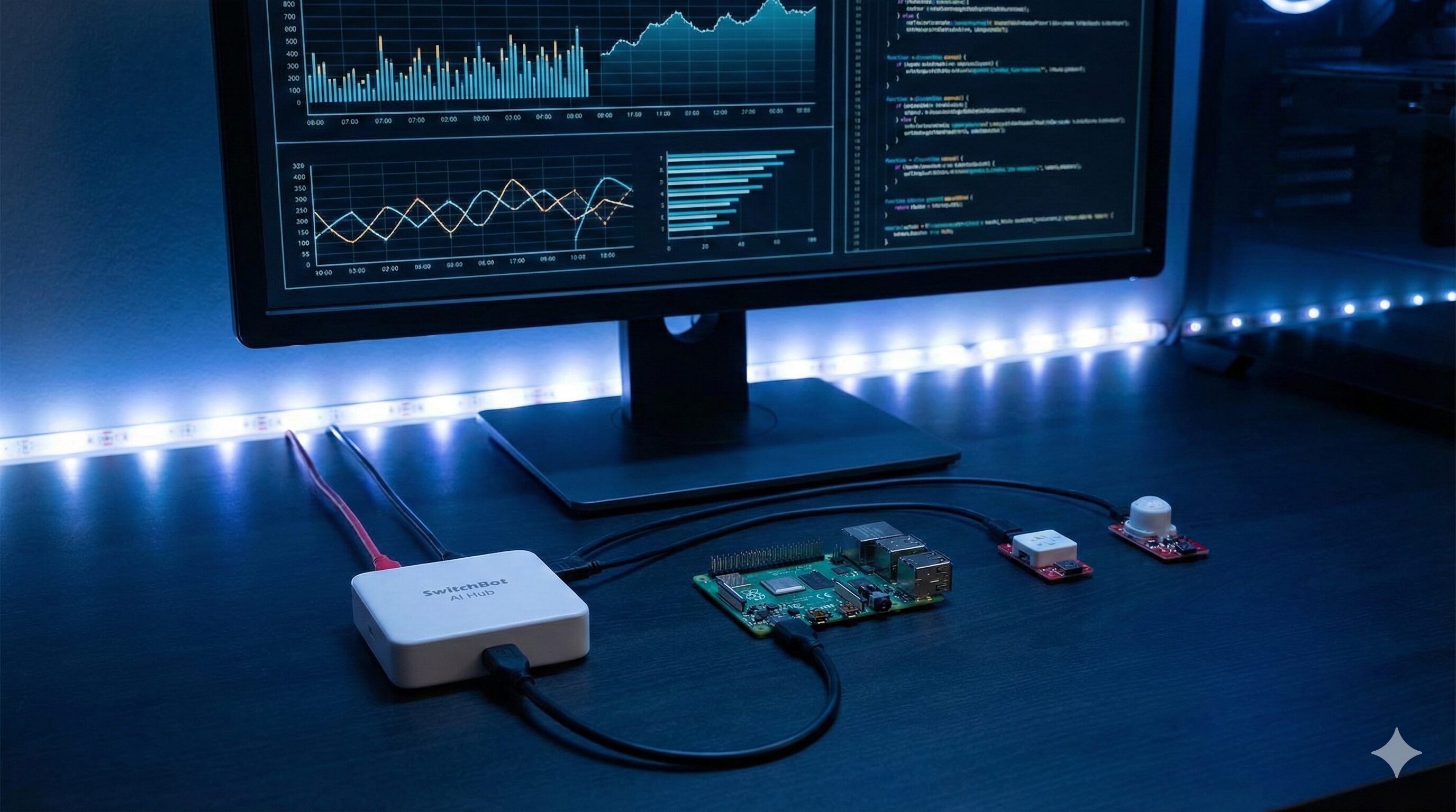 PCモニターに複雑なデータが表示されたデスク上で、SwitchBot AIハブがRaspberry Piなどの外部デバイスと接続され、高度な連携と拡張性を実現している様子。