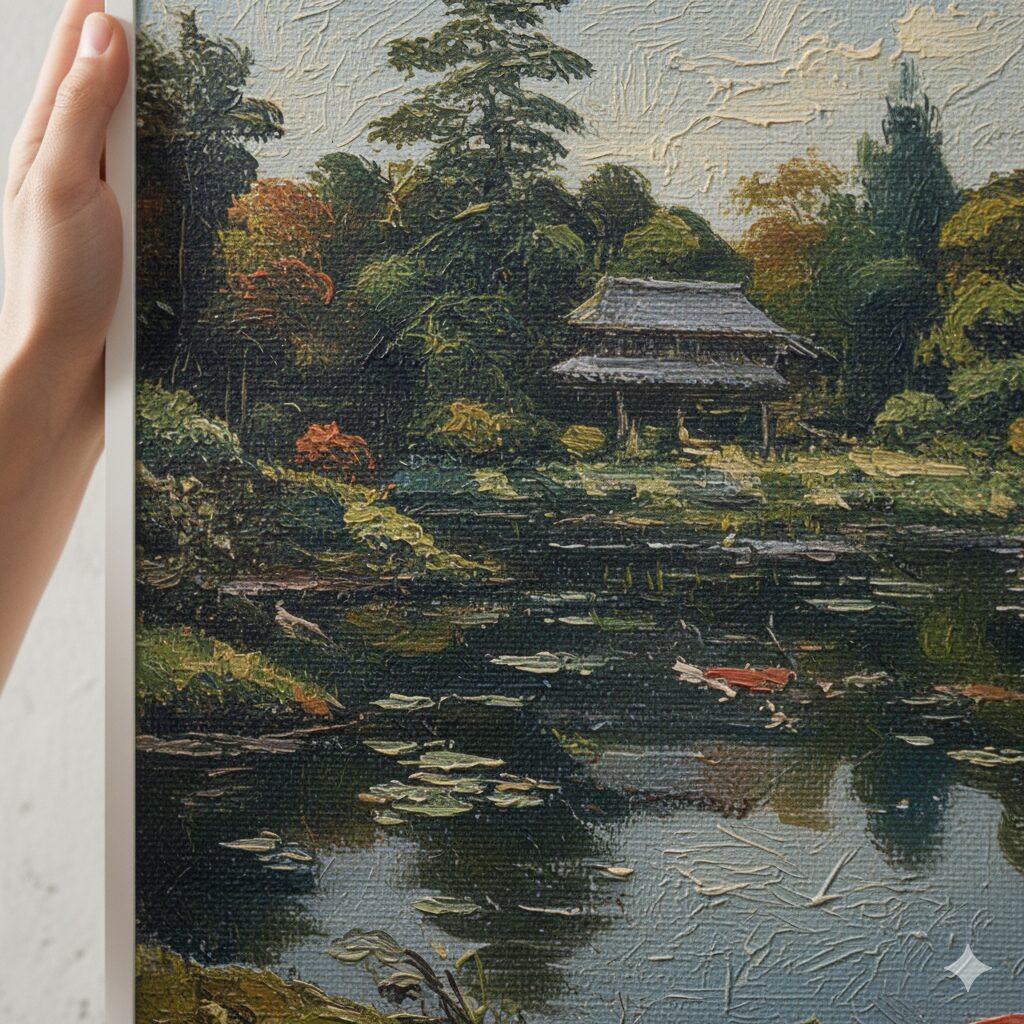 SwitchBot AI Art Frameに表示された油絵のクローズアップ。絵の具の厚みや筆致、キャンバスの織り目がリアルに再現されており、紙のような物質感が強調されている。