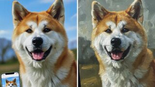 左右分割の画像。左側にはSwitchBot AI Art Frameに表示された高精細な秋田犬の写真と、その写真をスマホで表示している様子。