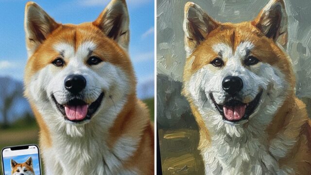 左右分割の画像。左側にはSwitchBot AI Art Frameに表示された高精細な秋田犬の写真と、その写真をスマホで表示している様子。