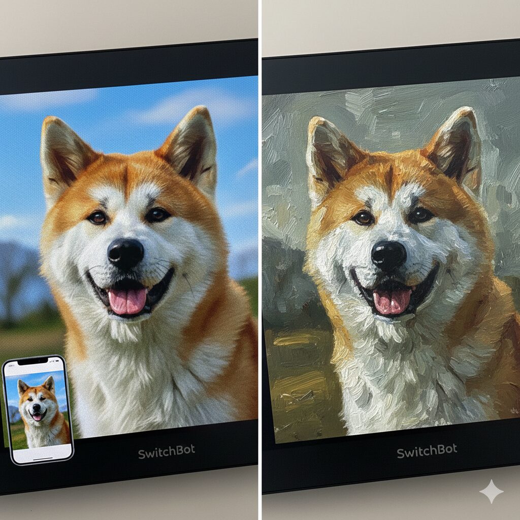 左右分割の画像。左側にはSwitchBot AI Art Frameに表示された高精細な秋田犬の写真と、その写真をスマホで表示している様子。