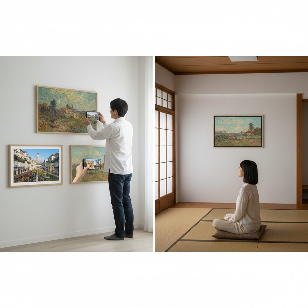 左右分割の画像。左側にはリビングでSwitchBot AI Art Frameをスマートフォンで操作する男性。右側には和室でアートフレームを鑑賞する女性が描かれており、異なる空間での