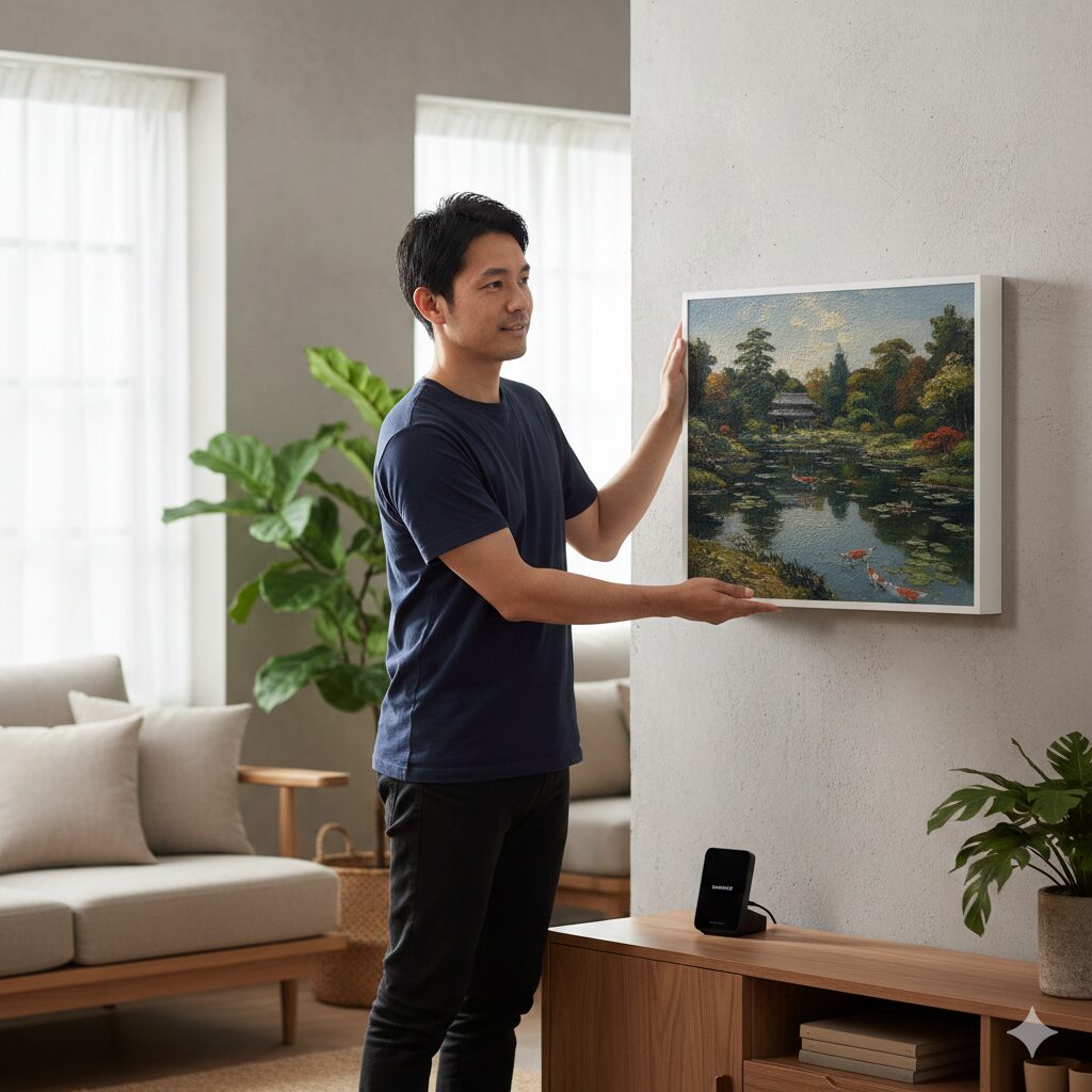 リビングの白い壁にSwitchBot AI Art Frameを設置する日本の男性。フレームには和風の美しい風景画が表示されており、モダンなインテリアに自然に溶け込んでいる。