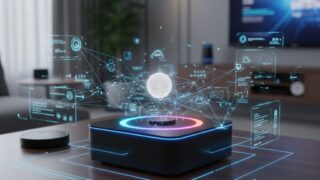 リビングルームのコーヒーテーブルに置かれたSwitchBot AIハブ。