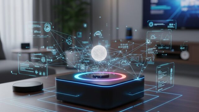 リビングルームのコーヒーテーブルに置かれたSwitchBot AIハブ。