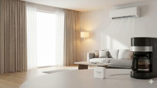 SwitchBot AIハブが中心となり、カーテンの自動開閉、エアコンの作動、照明の点灯、コーヒーメーカーの抽出など、複数の家電が同時に連携して動作している朝のリビングの