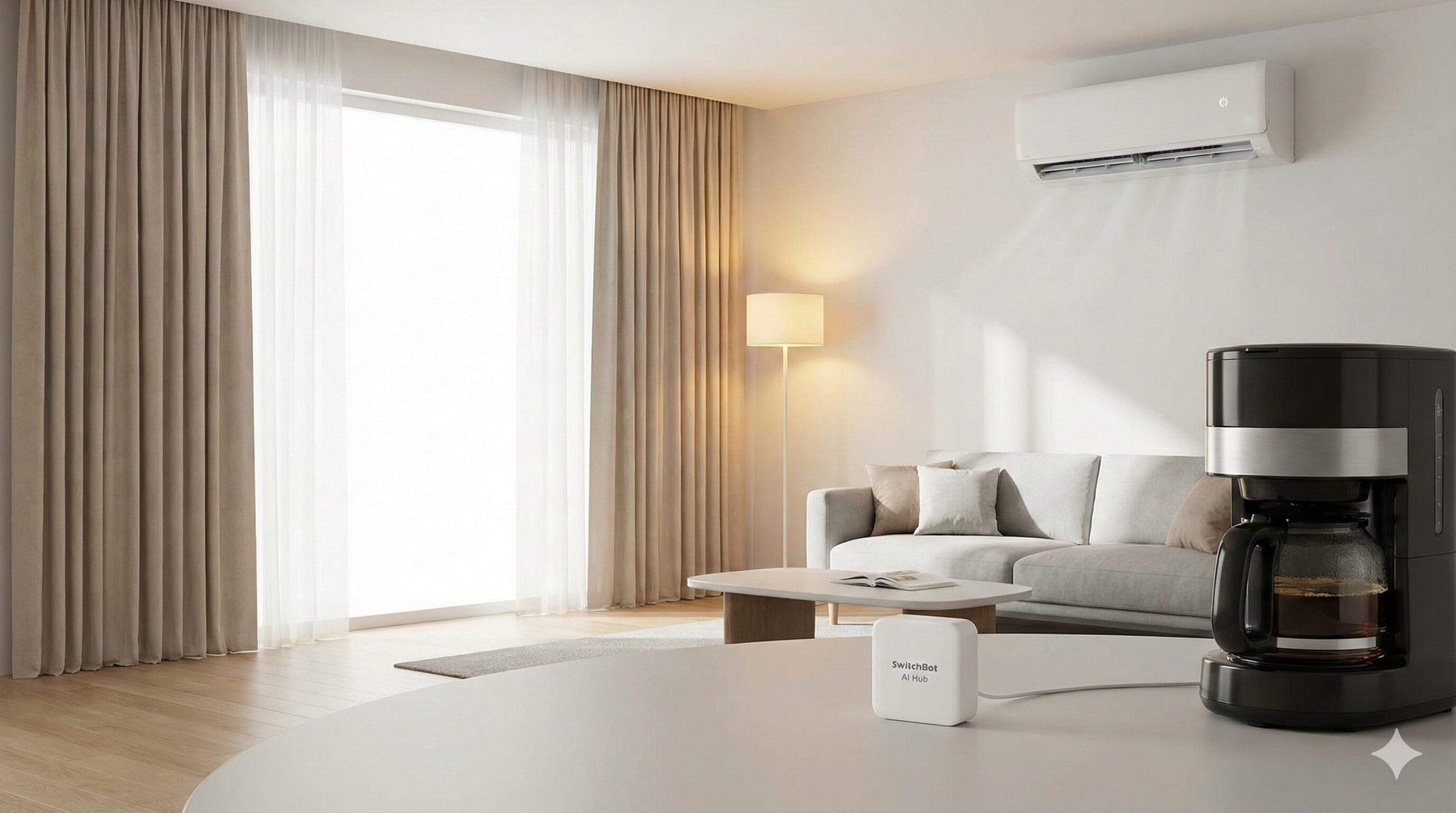 SwitchBot AIハブが中心となり、カーテンの自動開閉、エアコンの作動、照明の点灯、コーヒーメーカーの抽出など、複数の家電が同時に連携して動作している朝のリビングの