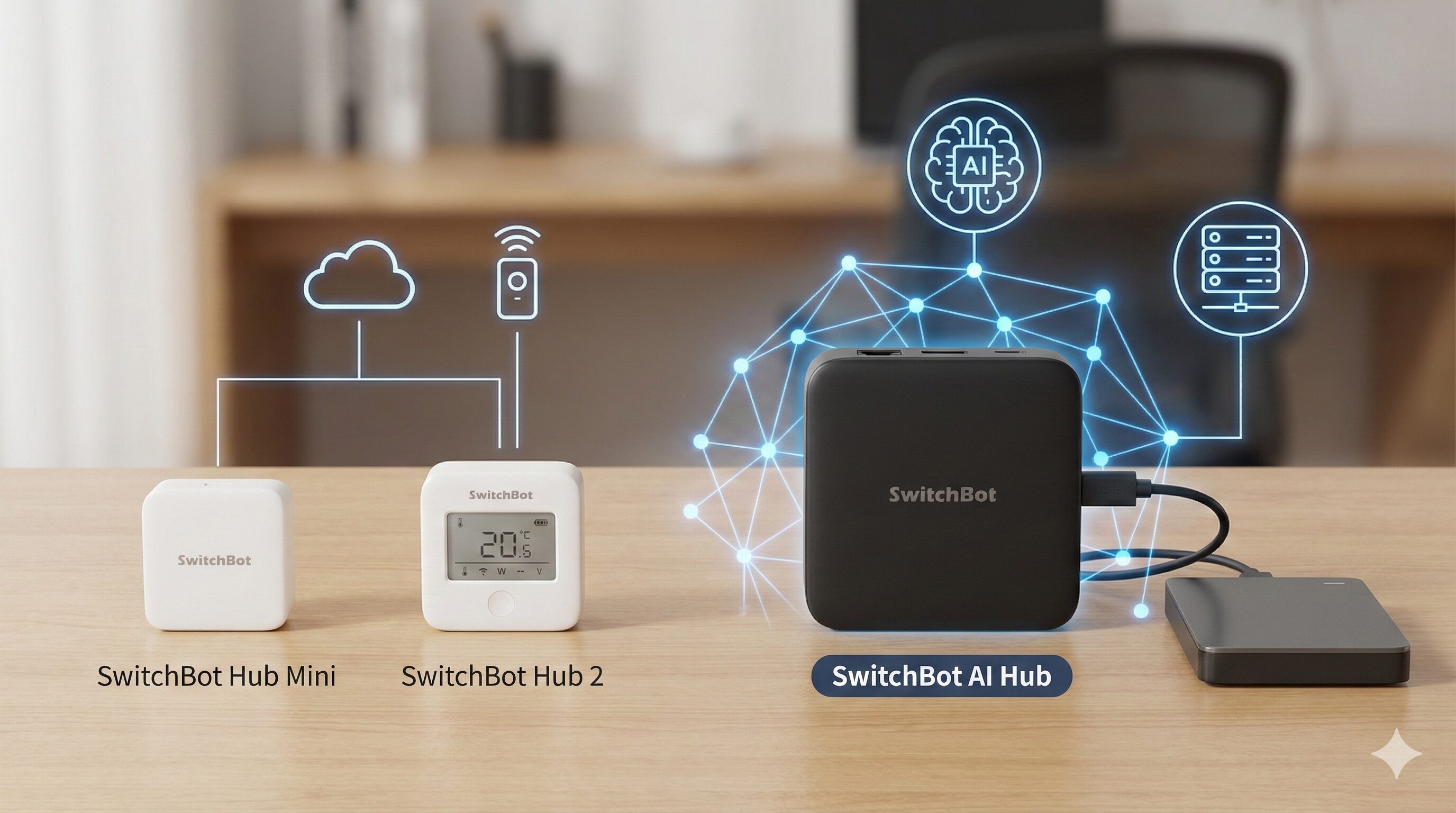 SwitchBot AIハブと従来のハブミニ、ハブ2の機能的な違いを示す概念図。AIハブの高度な処理能力とローカルストレージ機能を視覚的に強調。