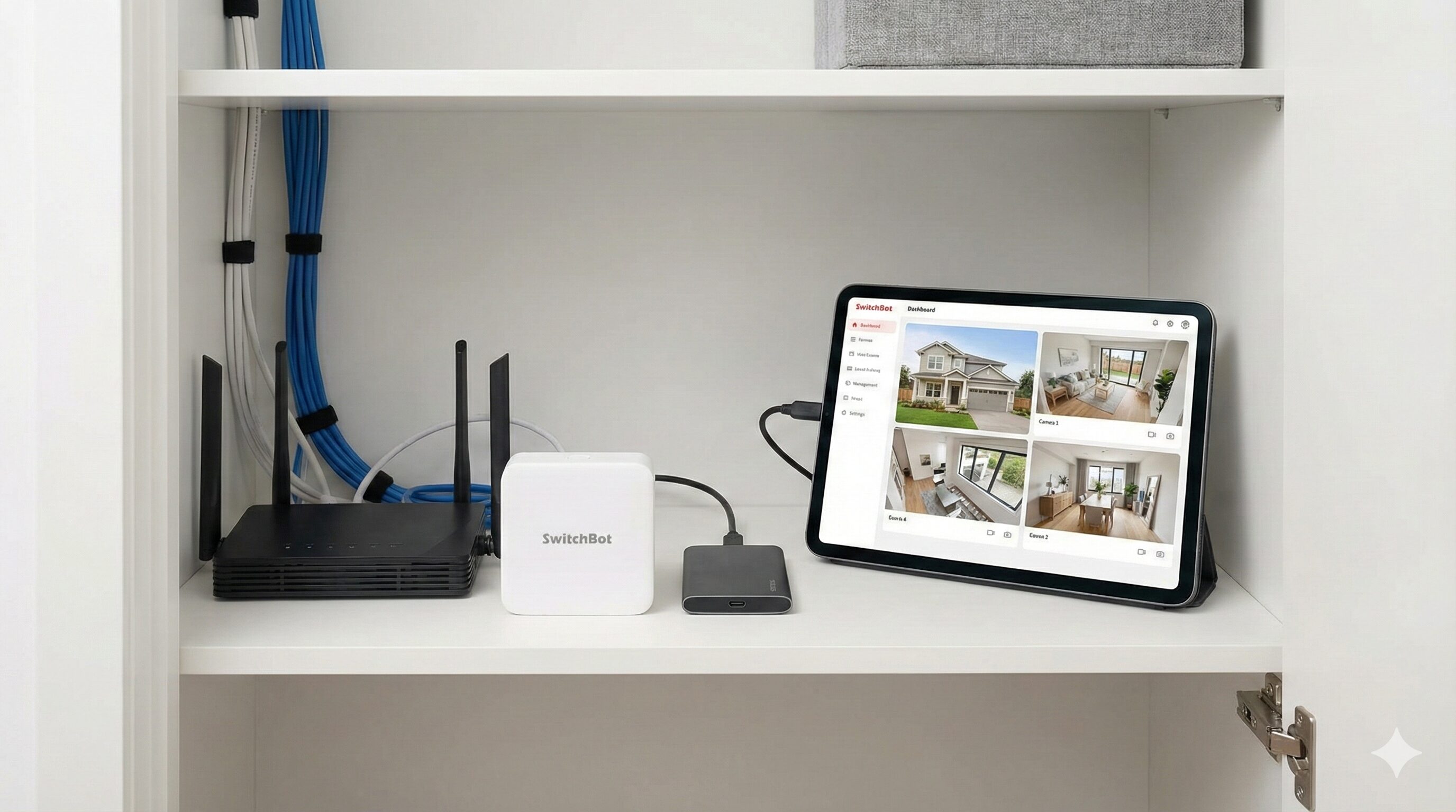 SwitchBot AIハブに外付けHDDが接続され、ネットワークカメラの映像をローカルで録画・管理しているNVRシステムの設置例。