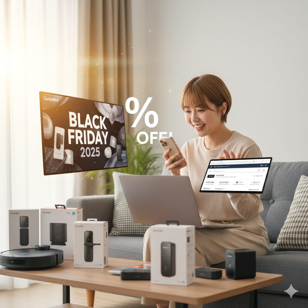 リビングのソファに座り、スマートフォンとノートパソコンでSwitchBotのブラックフライデーセールをチェックしている日本人女性。