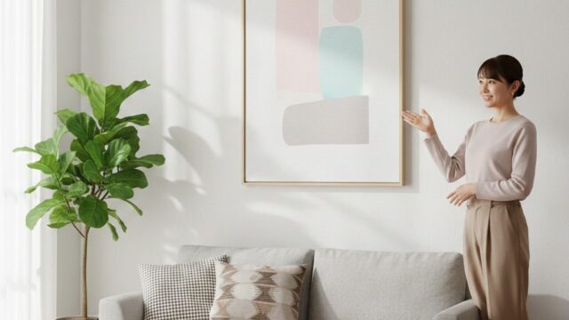 明るいリビングで、SwitchBotアートキャンバスを指し示しながら微笑む日本人女性。
