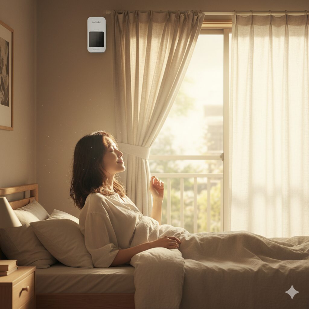 寝室で、SwitchBotカーテン3によってゆっくりと開くカーテンから差し込む朝日を浴びて、気持ちよさそうに目覚める日本人女性。