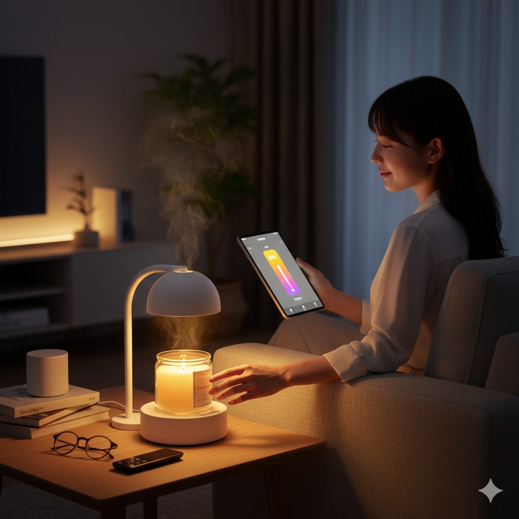 夜のリビングで、SwitchBotキャンドルウォーマーから立ち上る香りをiPadで調光操作する日本人女性。