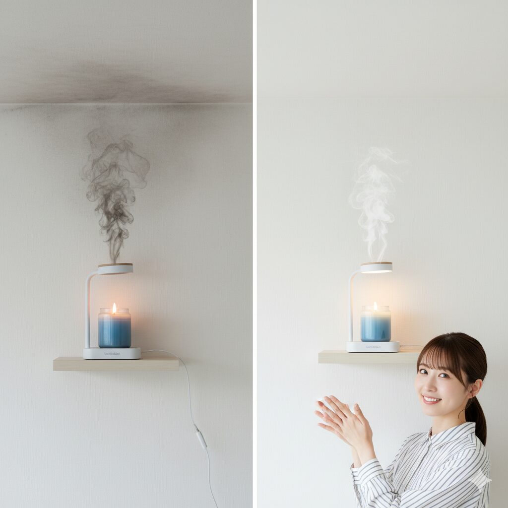 煙とススの比較。左は従来のキャンドルで壁や天井が汚れているイメージ、右はSwitchBotキャンドルウォーマーでクリーンな状態に笑顔の日本人女性。