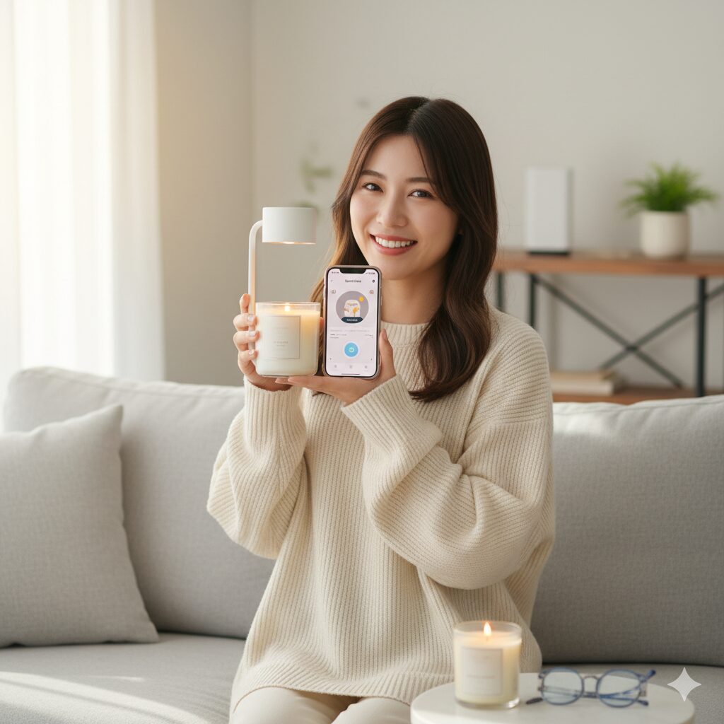 リビングのソファに座り、SwitchBotキャンドルウォーマーとスマートフォンのアプリ画面を笑顔で提示する日本人女性。