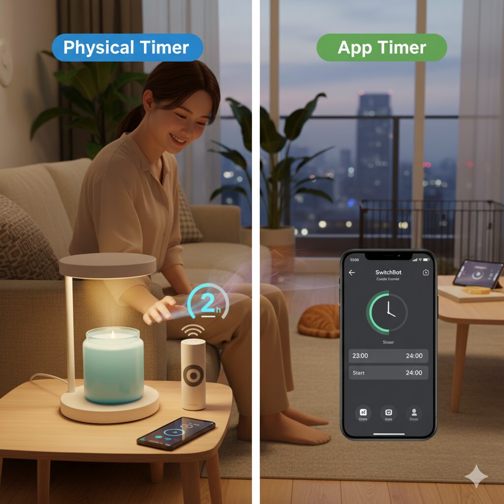 SwitchBotキャンドルウォーマーのタイマー機能を説明。左は物理コントローラー、右はスマートフォンアプリでの設定画面。