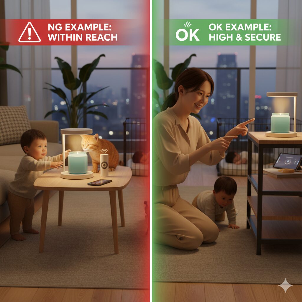 SwitchBotキャンドルウォーマーの安全な設置場所と危険な設置場所を対比。子供やペットの手が届かない高い場所への設置を推奨。